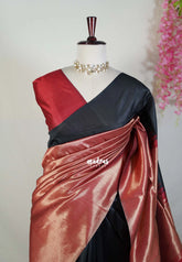 Black with Reddish Maroon - Manjari - Raw Silk in Raising Kanjivaram Weaving Style - Best for Small Functions | Pooja | Reception