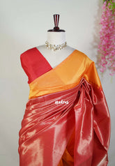Yellowish Orange with Red - Manjari - Raw Silk in Raising Kanjivaram Weaving Style - Best for Small Functions | Pooja | Reception