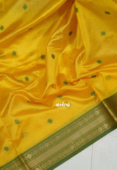 Greenish Yellow - Manjari - Raw Silk Saree with Rudraksham Border and Buttas - Best for Small Functions