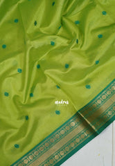 Pretty Parrot Green - Manjari - Raw Silk Saree with Rudraksham Border and Buttas - Best for Small Functions