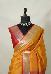 Sunlit Mustard Orange - Manjari - semi tussar checks in body with tissue border
