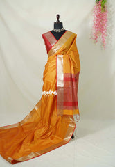 Sunlit Mustard Orange - Manjari - semi tussar checks in body with tissue border