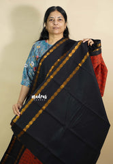 (PRE-BOOKING) Brick Red with Black - Mozhi - Sungudi cotton with tamil letters rettapet rudraksham border