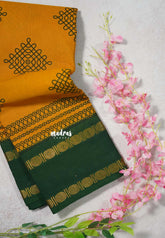 Subbulakshmi – Sacred Turmeric Yellow & Green Madras Margazhi Sungudi | Kolam Body | Rudraksham Border