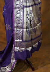 Midnight Purple - Durga Banarasi Mashru Silk with Antique Floral Zari Border and Buttas - Perfect for Night Functions