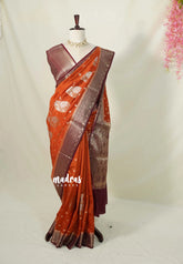 Burnt Orange - Durga Banarasi Mashru Silk with Hand Dyed Mango Motif with Border - Perfect for Wedding Functions