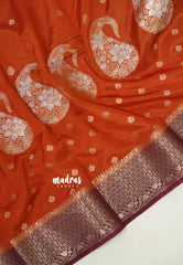 Burnt Orange - Durga Banarasi Mashru Silk with Hand Dyed Mango Motif with Border - Perfect for Wedding Functions