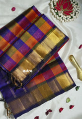 Multicolor With Blue Border - Meenakshi - Light Weight Pure Silk Cotton Saree Vintage Paalum Pazhamum Checks with Stripes Zari Weaving with Getti Border - Perfect for Wedding Functions