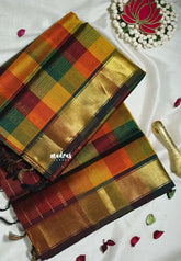 Multicolor with Maroon Border - Meenakshi - Light Weight Pure Silk Cotton Saree Vintage Paalum Pazhamum Checks with Stripes Zari Weaving with Getti Border - Perfect for Wedding Functions