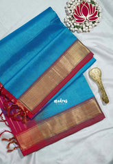 Bright Sky Blue - Meenakshi - Light Weight Pure Silk Cotton Saree Plain with Getti Border Contrast Pallu and Blouse - Perfect for Wedding Functions
