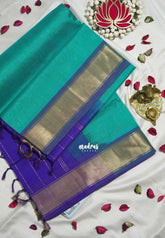 Aqua Green - Meenakshi - Light Weight Pure Silk Cotton Saree Plain with Getti Border Contrast Pallu and Blouse - Perfect for Wedding Functions