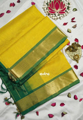 Greenish Yellow - Meenakshi - Light Weight Pure Silk Cotton Saree Plain with Getti Border Contrast Pallu and Blouse - Perfect for Wedding Functions