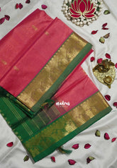 Peach Pink - Meenakshi - Light Weight Pure Silk Cotton Saree Mayil Border with Buttas Contrast Pallu and Blouse - Perfect for Wedding Functions