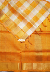 Orangish Yellow with Off-White - Meenakshi - Light Weight Pure Silk Cotton Saree Checks with Stripes Zari Weaving with Getti Border - Perfect for Wedding Functions