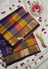 Multicolor with Violet Border - Meenakshi - Light Weight Pure Silk Cotton Saree Vintage Paalum Pazhamum Checks with Getti Border - Perfect for Wedding Functions