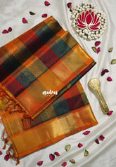 Multicolor with Orange Border - Meenakshi - Light Weight Pure Silk Cotton Saree Vintage Paalum Pazhamum Checks with Stripes Zari Weaving with Getti Border - Perfect for Wedding Functions