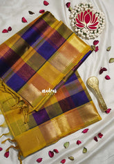 Multicolor with Yellow Border - Meenakshi - Light Weight Pure Silk Cotton Saree Vintage Paalum Pazhamum Checks with Stripes Zari Weaving with Getti Border - Perfect for Wedding Functions