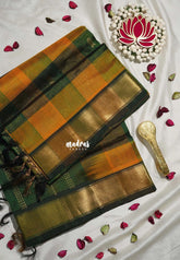 Yellowish Orange with Dark Green - Meenakshi - Light Weight Pure Silk Cotton Saree Vintage Paalum Pazhamum Checks with Getti Border and Buttas - Perfect for Wedding Functions
