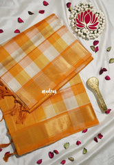 Orangish Yellow with Off-White - Meenakshi - Light Weight Pure Silk Cotton Saree Checks with Stripes Zari Weaving with Getti Border - Perfect for Wedding Functions