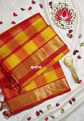 Yellow with Red - Meenakshi - Light Weight Pure Silk Cotton Saree Vintage Paalum Pazhamum Checks with Getti Border - Perfect for Wedding Functions