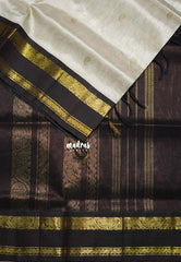 Creamy Ivory - Meenakshi - Light Weight Pure Silk Cotton Saree Yanai, Mayil Border with Buttas Contrast Pallu and Blouse - Perfect for Wedding Functions