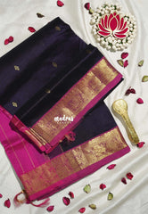 Midnight Purple - Meenakshi - Light Weight Pure Silk Cotton Saree Mango, Annam Border with Buttas Contrast Pallu and Blouse - Perfect for Wedding Functions