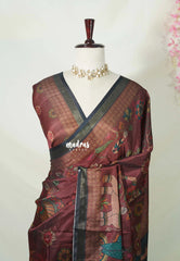 (PRE-BOOKING) Muted Maroon - Ananya - Soft Mangalore Silk Saree Metallic Shades with Kalamkari Prints - Perfect for Office Wear | Casual Wear