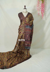 Mustard Brown - Ananya - Soft Mangalore Silk Saree Metallic Shades with Kalamkari Prints - Perfect for Office Wear | Casual Wear