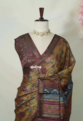 Mustard Brown - Ananya - Soft Mangalore Silk Saree Metallic Shades with Kalamkari Prints - Perfect for Office Wear | Casual Wear