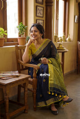 Midnight Navy Blue - Kannamma Handwoven Ballbutta linen Saree with Yellow Pallu - Perfect for Office Wear | Casual Wear