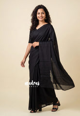 Midnight Black - Space Silk Saree with Cut Beaded Work Blouse - Best for Haldi or Mehendi