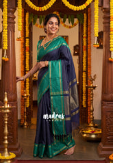 Midnight Blue - Sico Gadwal Semi Silk Muthukattam with Rettapet Border - Best for Small Functions