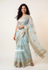 Misty Cloudy Blue - Banarasi Organza Silk with Beads worked Lotus Jacquard Border - Best for wedding Reception