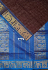 Coffee Podi Brown - Mookuthi Amman Silk Cotton Checks with Laksha Deepam Yaanai Border Contrast Pallu and Blouse - Perfect for Wedding Functions