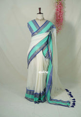 Creamy Ivory with Blue Tussel - Soft Mul cotton with Plain body and Mayil Border - Perfect for Festive Wear