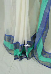 Creamy Ivory with Blue Tussel - Soft Mul cotton with Plain body and Mayil Border - Perfect for Festive Wear