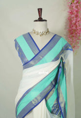 Creamy Ivory with Blue Tussel - Soft Mul cotton with Plain body and Mayil Border - Perfect for Festive Wear