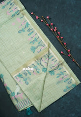 Pastel pista Green with Green Tassels - Muslin Silk with floral Weaving Border and Pallu