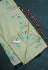 Pastel Green with Dark Green Tassels - Muslin Silk with floral Weaving Border and Pallu