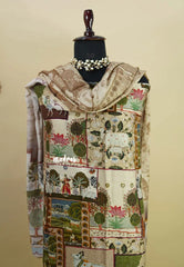 Amitha – Ivory Beige Muslin silk hand stithced full work indian art depiction salwar suit set