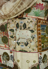 Amitha –  Ivory Beige Muslin silk hand stithced full work indian art depiction salwar suit set