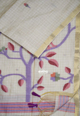 Muted Ivory Beige & Red - Muslin Silk Checks with Thread Weaving Pallu with Buttas - Perfect for Office Wear