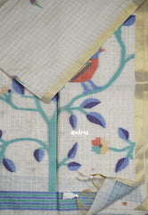 Muted Ivory Beige & Blue - Muslin Silk Checks with Thread Weaving Pallu with Buttas - Perfect for Office Wear