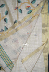 Muted Ivory Beige & Green - Muslin Silk Checks with Thread Weaving Pallu with Buttas - Perfect for Office Wear