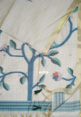Muted Ivory Beige & Green - Muslin Silk Checks with Thread Weaving Pallu with Buttas - Perfect for Office Wear