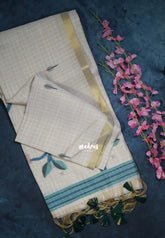 Muted Ivory Beige & Green - Muslin Silk Checks with Thread Weaving Pallu with Buttas - Perfect for Office Wear