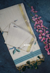 Muted Ivory Beige & Green - Muslin Silk Checks with Thread Weaving Pallu with Buttas - Perfect for Office Wear