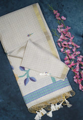 Muted Ivory Beige & Blue - Muslin Silk Checks with Thread Weaving Pallu with Buttas - Perfect for Office Wear