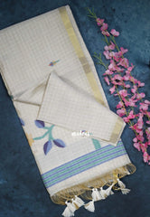 Muted Ivory Beige & Blue - Muslin Silk Checks with Thread Weaving Pallu with Buttas - Perfect for Office Wear