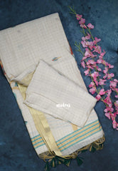 Muted Ivory Beige & Green - Muslin Silk Checks with Thread Weaving Pallu with Buttas - Perfect for Office Wear